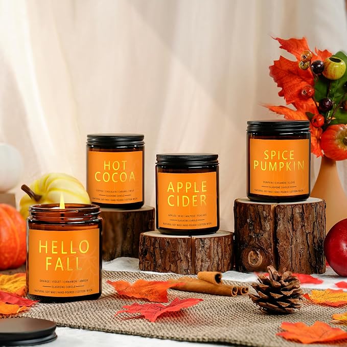 Fall Scented Candles Hello Fall 7oz – Warm Pumpkin Spice & Sweet Apple Soy Wax Candle for Cozy Autumn Home Décor, Perfect Fall Gift, 50 Hour Long Burn