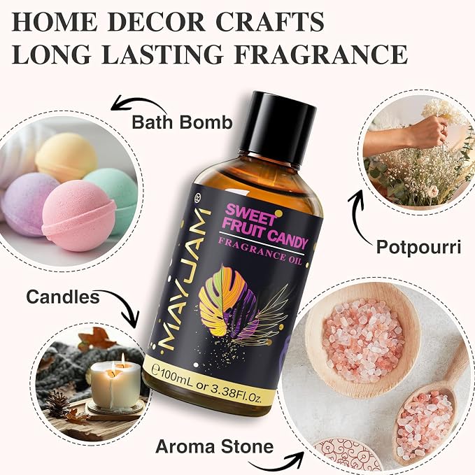 Sweet Fruit Candy Fragrance Oil Essential Oil, MAYJAM 3.38FL.OZ Sweet Fruit Candy Oil for Diffusers for Home, Long Lasting Scented Oils for Soap Candle Making - 100ML