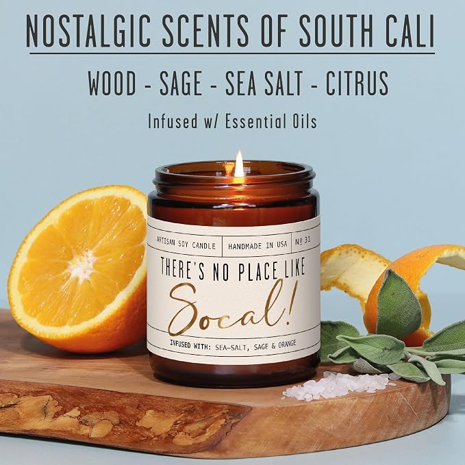 California Gifts, California Decor for Home - 'There's No Place Like SoCal Candle, w/Seasalt, Eucalytpus, Sage & Redwood I California Souvenirs State Gifts I 9oz Jar, 50Hr Burn, USA Made