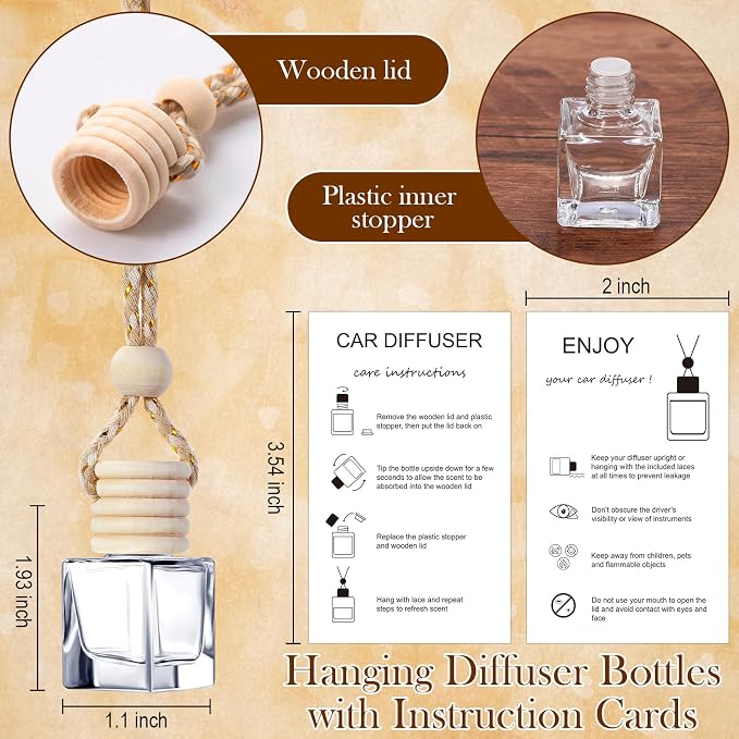 Boao 25 Sets Hanging Car Air Freshener Diffuser Bottles Empty Bulk with Car Diffuser Instruction Cards Organza Bags Glass Refillable Essential Oil Fragrance Aromatherapy Pendant (Cube, Clear)