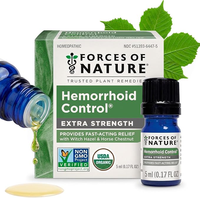 Forces of Nature Hemorrhoid Control Extra Strength, Organic Homeopathic Medicine with Witch Hazel, Horse Chestnut, and Soothing Essential Oils for Itching, Swelling & Discomfort, 5ml (0.17 fl oz)