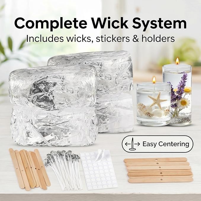 LumaCraft Clear Gel Wax for Candle Making – 4.4LB (2000g) Transparent Jelly Wax with 50 Wicks, 50 Wick Stickers & 10 Wick Holders - Natural Non-Toxic DIY Gel Candle Supplies for Beginners & Crafters