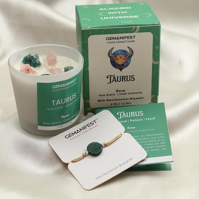 Taurus Zodiac Candle with Bracelet, Rose Scented, Taurus Crystals Birthstone Gifts for Women, Mom, Grandma, Candle Lovers