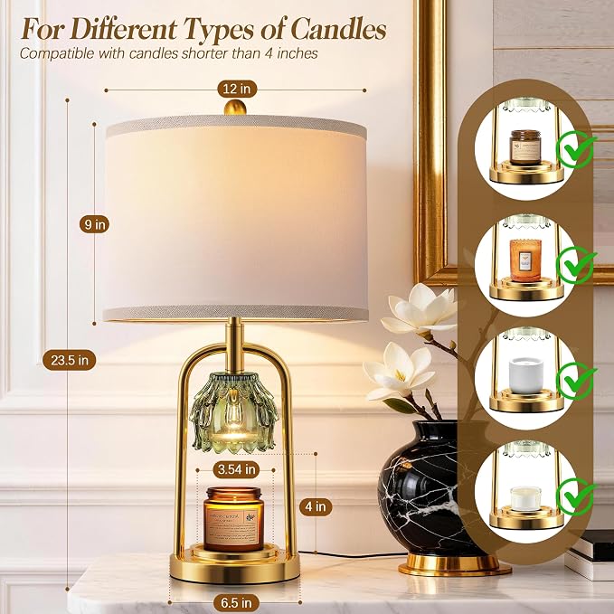 QiMH Candle Warmer Lamp with Timer Dimmer, Modern Table Lamp Wax Warmer for Scented Wax Jar, Glass Lamp Candle Warmer with 2 Bulbs, Women Gifts, House Warming Gifts, Home Decor, Brushed Gold Green