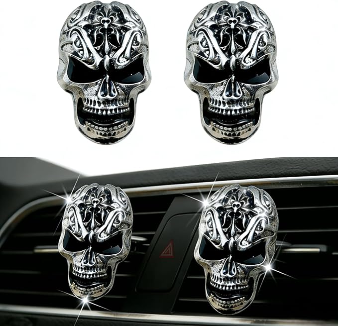 2Pcs Gothic Skull Car Vent Clip Freshener with Cotton Scent Pads | Alloy skull vent diffuser removes odors, suitable for car bathroom Halloween decorative gifts