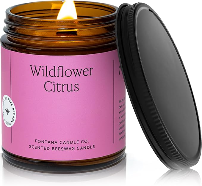 Fontana Candle Co Wood Wick Beeswax Jar Candle, Wildflower Citrus – Made Safe with Coconut Oil & Pure Essential Oils – 35+ Hrs Clean Burn, Long Lasting and Non-Toxic Candles for Home & Room Decor