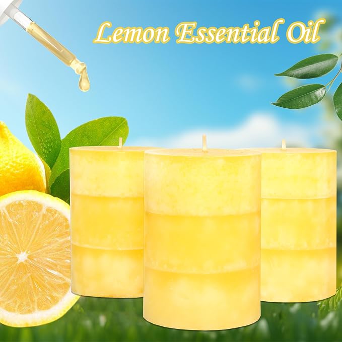 Yellow Pillar Candles 3x4 Inch Hand-Poured Lemon Scented Candles Lemongrass Fragrance Long Lasting Clean Burning Smokeless Summer Candle for Home Scent Bathroom Rustic Table Decor, Set of 3