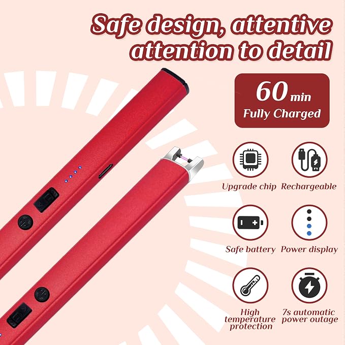 2 PCS Candle Lighter,Windproof Flameless Electric Lighter with LED Power Display ＆ Safety Switch, Upgraded Plasma USB Rechargeable Lighters for Birthday Camping BBQ （Red）