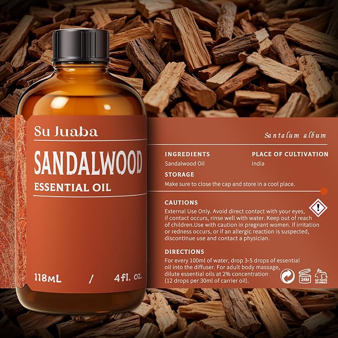 SU JUABA Sandalwood Oil 4 Fl Oz, Aromatherapy Oil for Diffuser,Skincare, Hair Care, DIY Fragrance, and Relaxation - 118ML