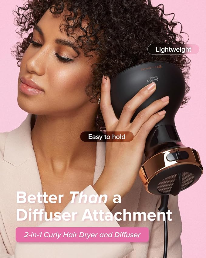 Bellissima Diffon Ceramic Diffuser Hair Dryer for Curly Hair - 2-in-1 Blow Dryer with Diffuser - Reduces Frizz, Defines Curls, Volumizes - Lightweight, Compact, Easy Hold Handle