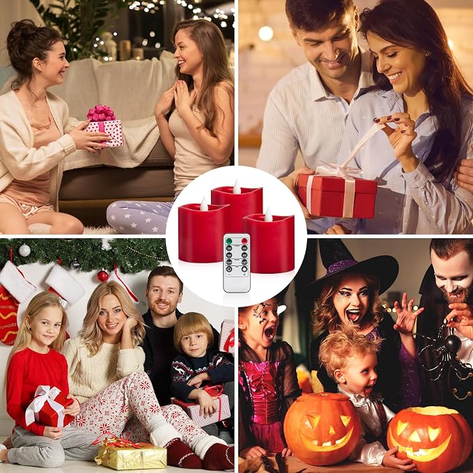 3" x 3" Red Flameless Candles - LED Pillar with Remote, Timer, Flickering, 600+ Hour Battery Life, Ideal for Christmas, Halloween, and Indoor Decor 3"*3"-3pcs