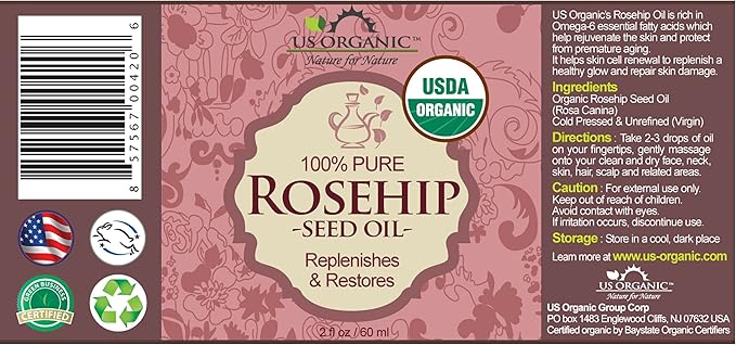 US Organic Rosehip Seed Oil, USDA Certified Organic, Cold Pressed, Virgin Organic, Amber Glass Bottle and Glass Eyedropper for Easy Application - 2 oz (56 ml)
