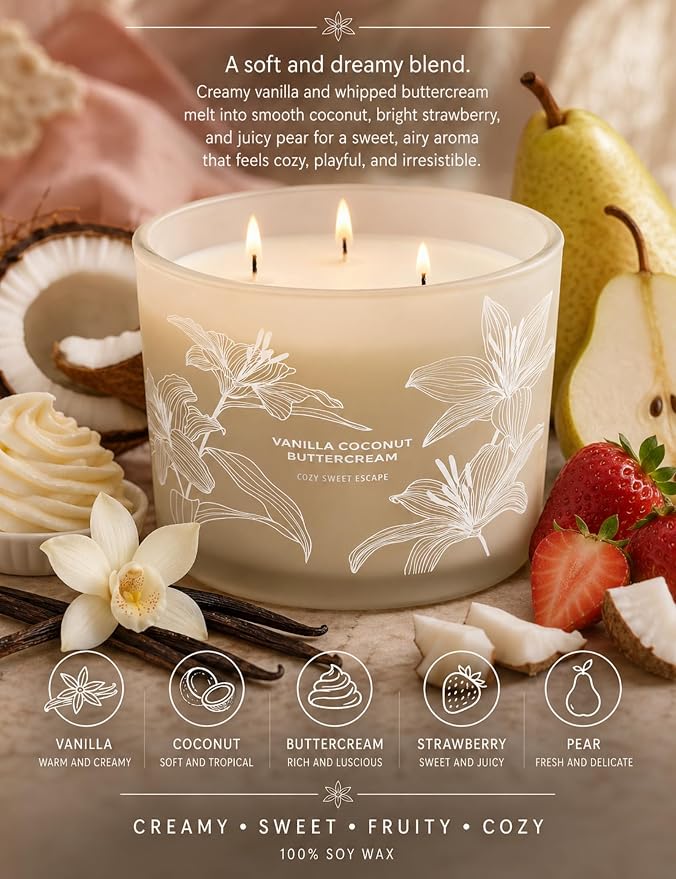 Vanilla Coconut Buttercream Candle | Large 3 Wick Scented Soy Candle for Home | 14.5oz Vanilla Coconut Aromatherapy Candle | Vanilla Cupcake Candle | Long Lasting Clean Burn | Gift for Women & Men
