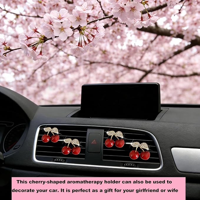 4Pcs Cherry-Shaped Car Air Freshener Vent Clips with Rhinestones, Unscented Cute Car Air Freshener for Men Women, Fragrance Diffuser Clip for Car and Truck Air Fresheners, Sparkling Decor-A10
