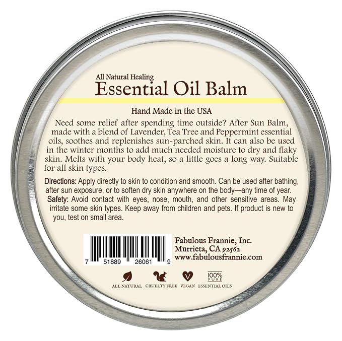 Fabulous Frannie After Sun All Natural Essential Oil Healing Balm made with Sunflower Oil, Coconut Oil, Shea Butter, Beeswax, Soy Wax, Aloe Vera and Pure Essential Oils 3.5oz Tin