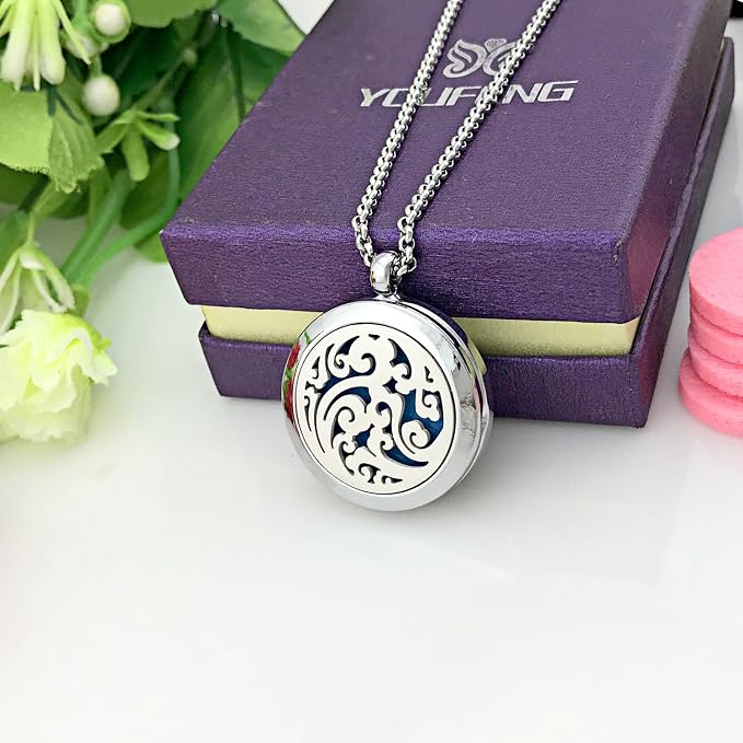 Essential Oil Necklace Diffuser Family Tree of Life Necklace Pendant Aromatherapy Locket 49 Refill Pads (Cloud Diffuser Locket)
