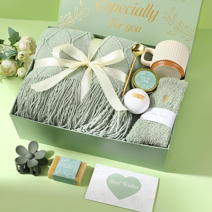 Get Well Soon Gifts Baskets for Women Self Care Gifts,Birthday Gifts for Women Spa Care Package, Set for Mom Wife Girlfriend Sister Best Friend (Green)