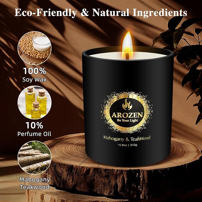 Mahogany Teakwood Candle for Men – 70-Hour Crackling Wick, Woody Masculine Scent – 10.8oz Large Soy Wax Candle, Black Jar Aromatherapy Gift for Him, Father's Day, Birthday, Valentine's Day