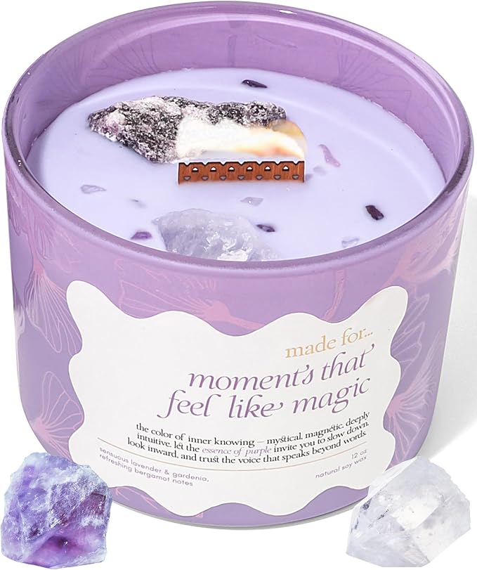 Purple Crystal Candle for Women – 12oz Large Luxury Soy Wax with Crackling Wood Wick, Slow Burn Meditation with Healing Crystals, Birthday or Mother’s Day Gift