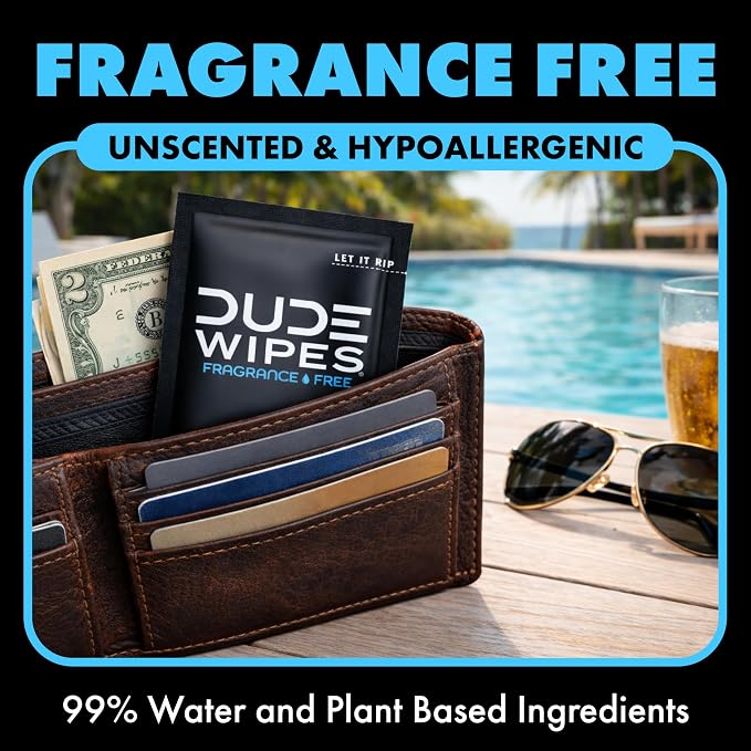 DUDE Wipes On-The-Go Unscented Travel Wipes - 30 Count (Individually Wrapped) - Extra-Large Adult Flushable Wipes for Sensitive Skin - Infused with Vitamin E and Aloe - Septic and Sewer Safe