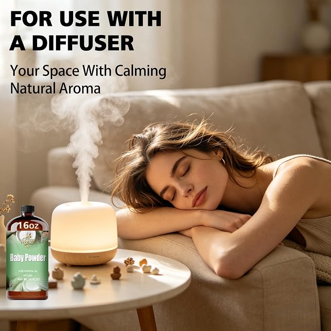 Baby Powder Fragrance Oil, Baby Powder Oil 16 Fl Oz 480ml for Diffuser Yoga Soap & Candle Making – with 0.33 Oz Roller Ball & Funnel YHSESSE Essential Oils