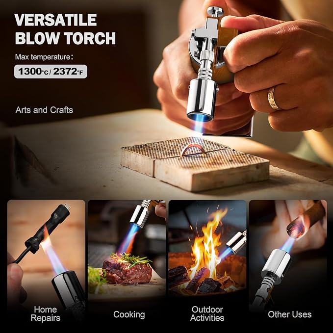 RAVS Butane Torch Lighter, Premium Metal Kitchen Torch with Adjustable Flame & Safety Buckle, Cooking Torch for Creme Brulee, BBQ, Welding, DIY, Brown, Butane Gas Not Included