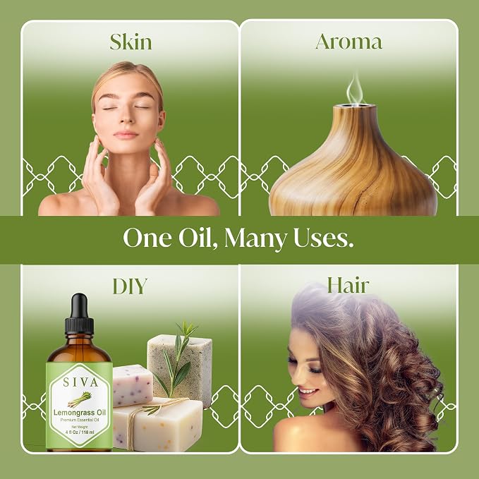 Siva Lemongrass Essential Oil 4 Fl Oz – for Diffuser, Skin & Hair Care – Ideal for Aromatherapy, Massage & DIY Blends- with Dropper