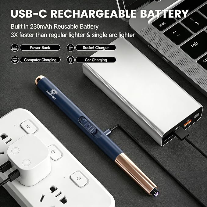 Electric Candle Lighter USB Rechargeable with Safety Lock & LED Display, Windproof Flameless Arc Lighter for BBQ, Camping, Kitchen, Gifts for Women Men(Navy Gray)