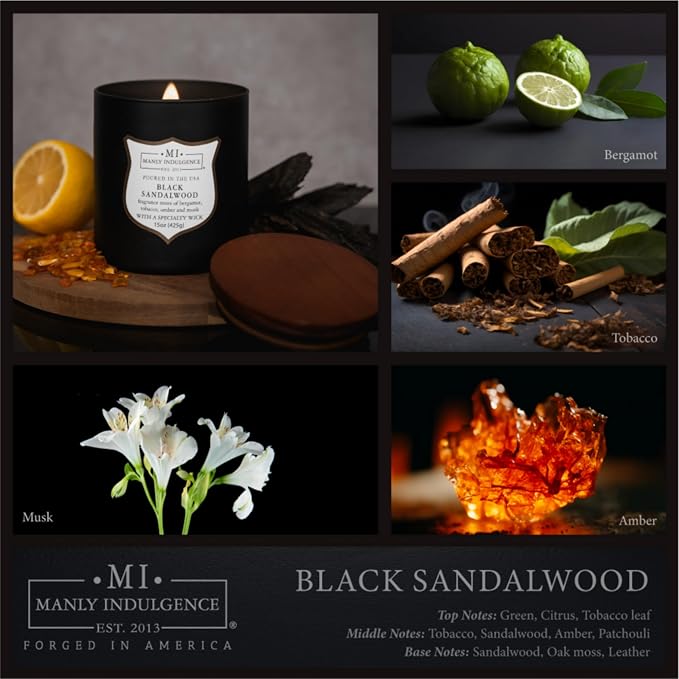 Manly Indulgence Black Sandalwood Scented Candle for Men 15 oz – Bergamot, Tobacco, Amber & Musk - Wood Wick - Up to 60 Hours Burn - Soy Blend Wax, USA Poured – Signature Collection