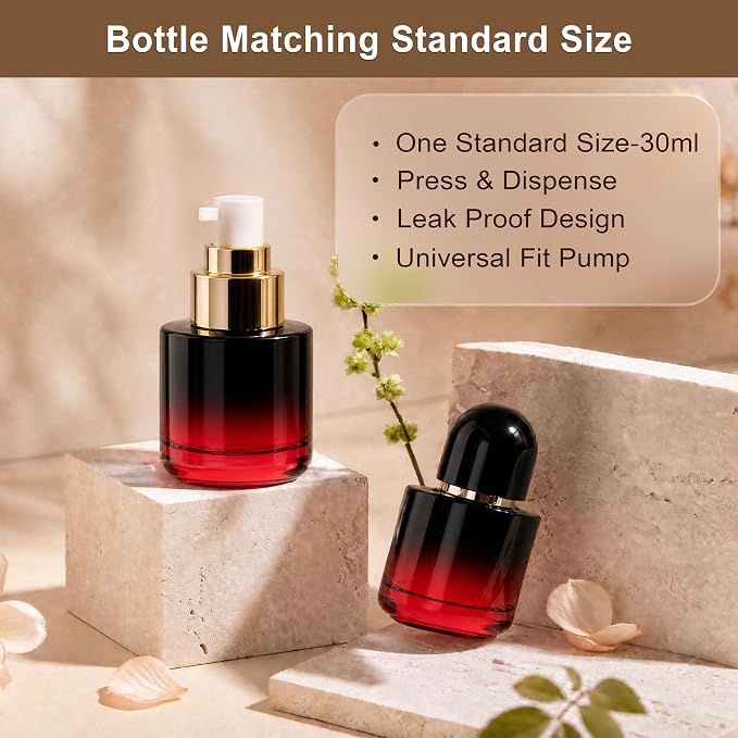 1oz Travel Pump Bottle, 30ml Gradient Glass Liquid Dispensing Bottle with 3 Transfer Tools, Leak-Proof Small Refillable Makeup Containers for Toiletries, Lotion, Essential Oils (Black-Red Gradient)