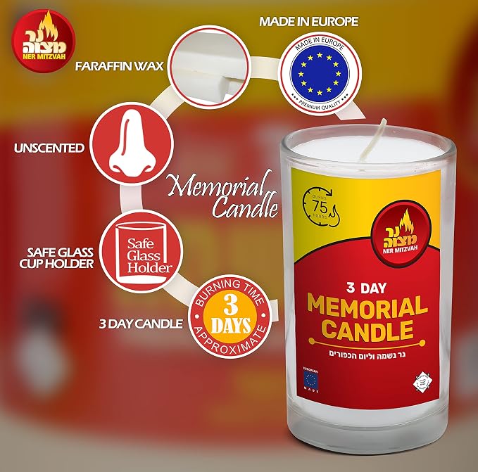 3 Day Yahrtzeit Candle - 2 Pack - 72 Hour Kosher Memorial and Yom Kippur Candle in Glass Jar - by Ner Mitzvah