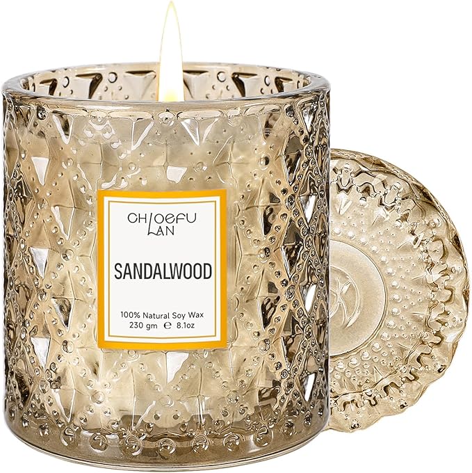 Sandalwood Candle, Dad Gifts Candle, Natural Soy Scented Candles for Stress Relief, 55 Hours Lasting Burning, Great Gift for Women & Men