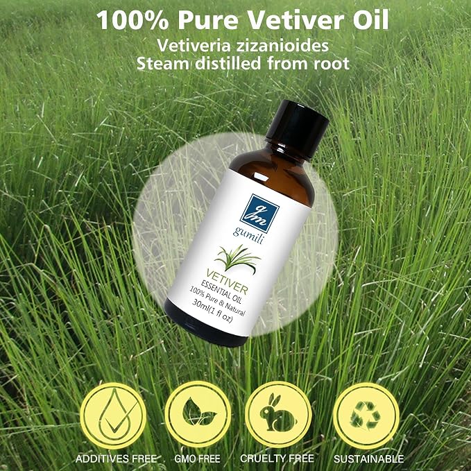 GM Gumili Vetiver Essential Oil 1 Oz - 100% Pure & Natural Vetiver Oil for Diffuser, Aromatherapy, Skin, Hair, Massage, Relaxing Scent