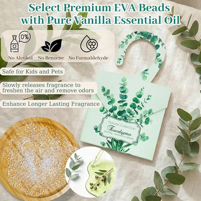 24 Pack Eucalyptus Sachet Bags for Drawers and Closets, Scented Sachets with 10 Hanging Bags Home Fragrance Refreshing Drawer Freshener, Shoes, Cars, Rest Room Deodorizer