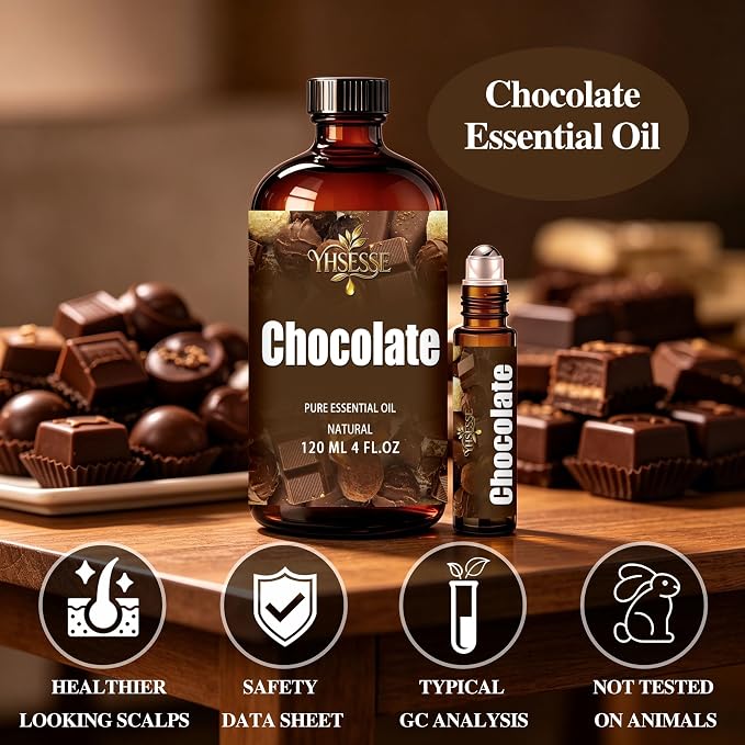 Chocolate Essential Oil, Chocolate Oil 4 Fl Oz 120ml for Diffuser Yoga Soap & Candle Making – with 0.33 Oz Roller Ball & Dropper YHSESSE Essential Oils