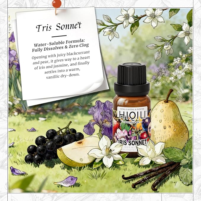 HIQILI Iris Sonnet Diffuser Oil, Elegant Floral Fruity Scent, Water Soluble for Car Air fresheners, Reed Diffuser, Relaxing & Cozy - 0.34 Fl Oz