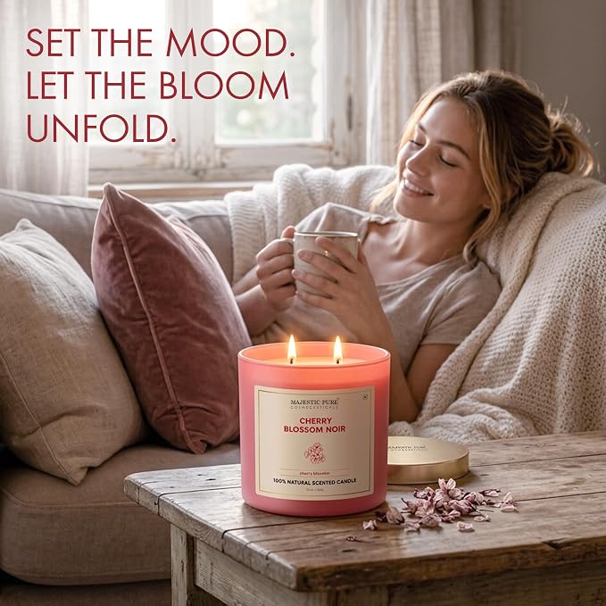 Majestic Pure Candle Cherry Blossom, Natural Scented, 10oz | Large Jar, 45+ Hours Burn Time, Giftable