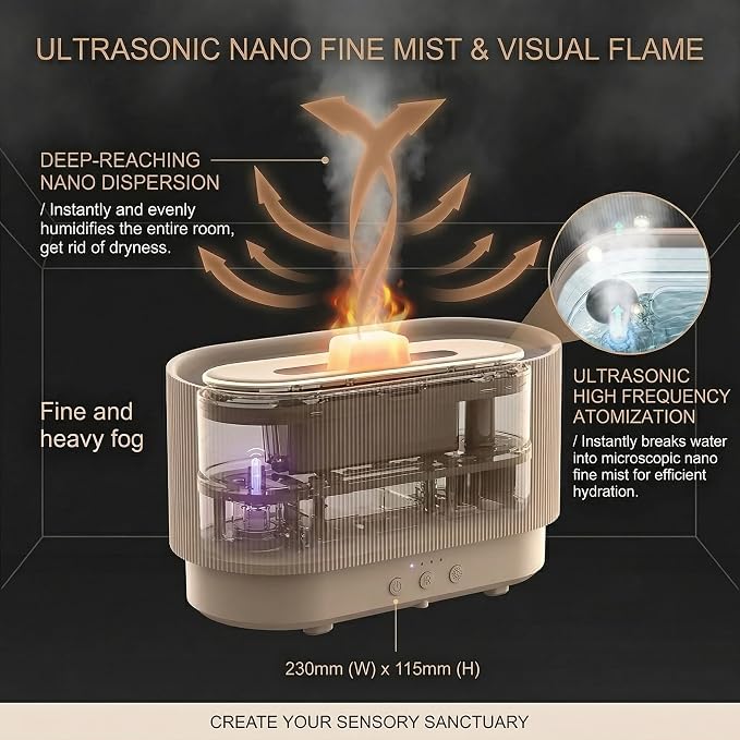 8 Colour Aromatherapy Diffuser, Essential Oil Diffusers for Home, Desk Humidifier, Flame Diffuser, Ultrasonic Diffuser, Aroma Diffuser for Home, Fire Diffuser 300ml