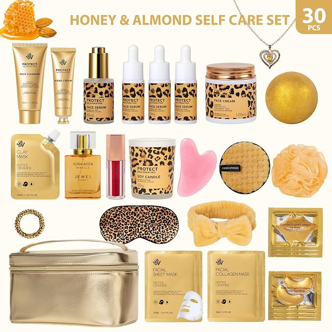 33 Pcs Mother's Day Gift, Honey & Almond Skin Care Gift Set, Spa Bath & Body Gift Basket Set for Women, Lip Gloss, Cosmetic Bag, Necklace, Christmas, Anniversary, Birthday, Valentines