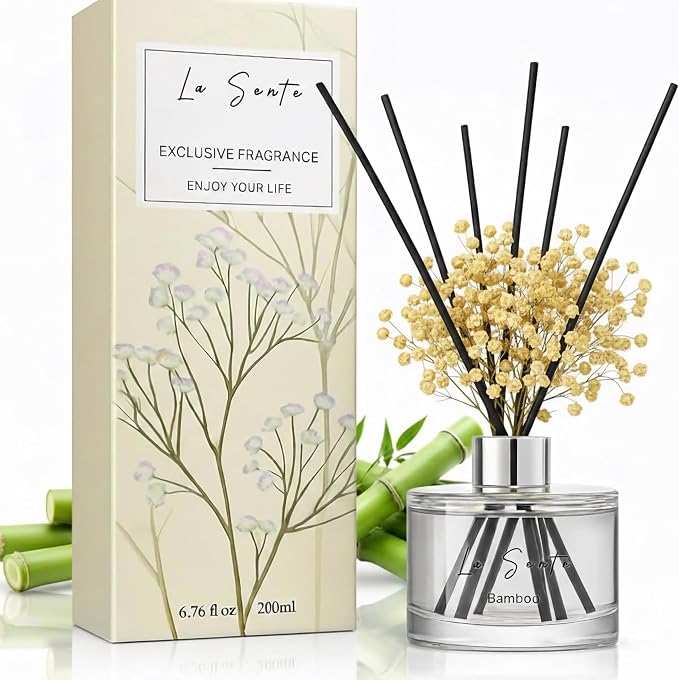Reed Diffuser Set (6.7fl oz), Natural Bamboo Essential Oil Fragrance with Glass Bottle, Black Rattan Sticks & Preserved Flowers, Up to 120 Days Lasting Fragrance for Home & Office