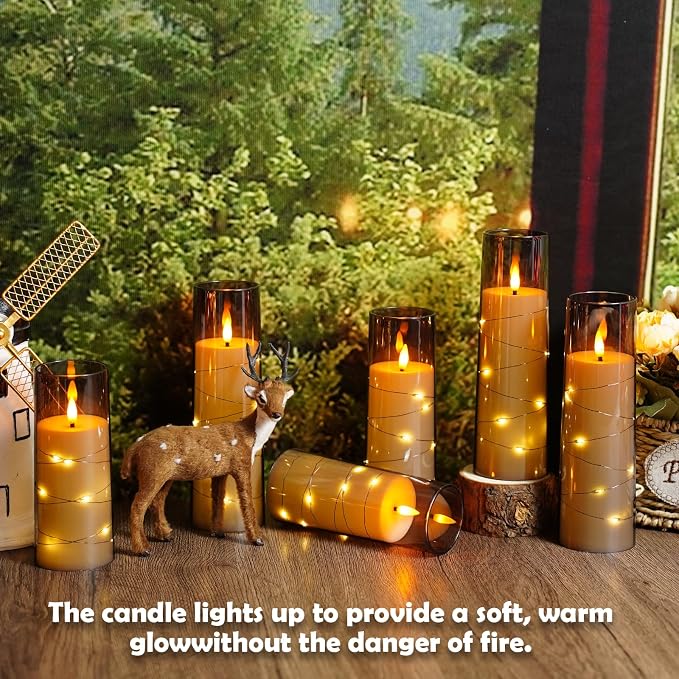 Sasigeiaa Flameless Candles with Embedded Star String - Battery Operated LED Candles, with Remote,12 Grey Flickering Candles for Christmas, Weddings, Home Decor & Party,(D 2.3"×H 5" 6" 7")