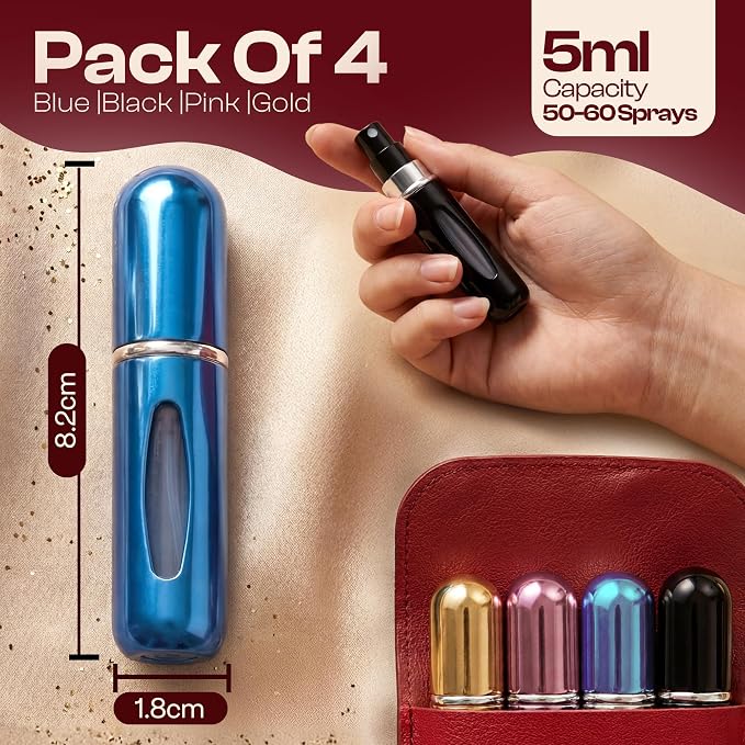 5ml Travel Perfume Bottle Refillable Atomizer Sprayer for Perfume,Leakproof Perfume Atomizer Travel, Portable Refillable Perfume Bottles, (Blue, Black, Pink, Gold + Leather Pouch)