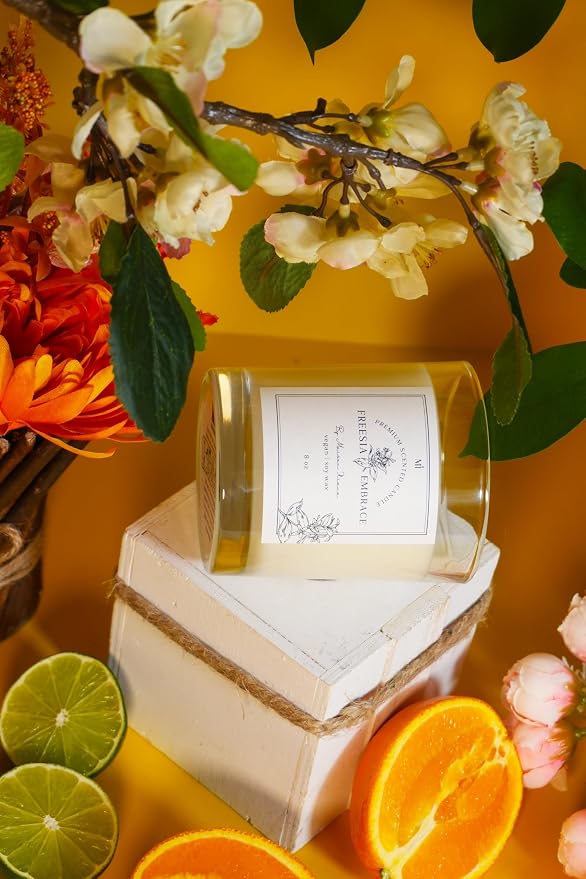 Fressia Scented Candle for Home | Natural Soy Wax 8oz Jar | Highly Scented Floral Aromatherapy | Long Lasting Fresh Fragrance | Stress Relief | Premium Room Decor | Elegant Gift for Women