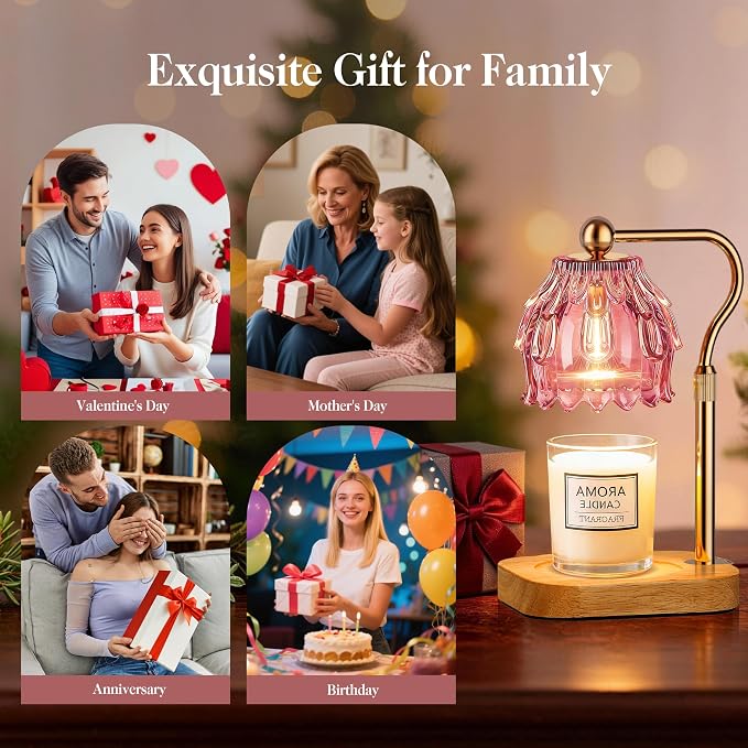 Candle Warmer Lamp with Timer Dimmer, Modern Wax Warmer for Scented Wax Jar Candle Warmer with 2 Bulbs, Adjustable Height Glass Lamp for Gifts for Women, House Warming Gifts, Home Decor, Gold Pink
