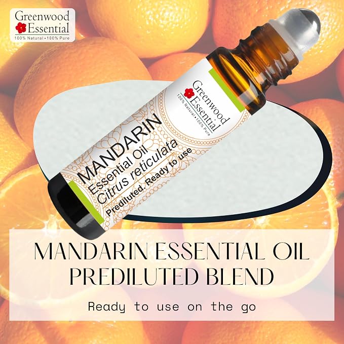 Greenwood Essential Mandarin Essential Oil (Citrus reticulata) Pre Diluted Ready to Use Roll-on Blend for Aromatherapy and Topical Skin Application for Kids and Adults 10ml (0.33 oz)