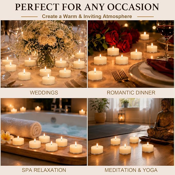 50 Pack Soy Tealight Candles, 4 Hours Unscented White Tea Candles | Natural Soy Wax,Clean Burning,Clear Cup Design,Small Votives Bulk for Home Decor Wedding Spa Meditation and Wax Warmers