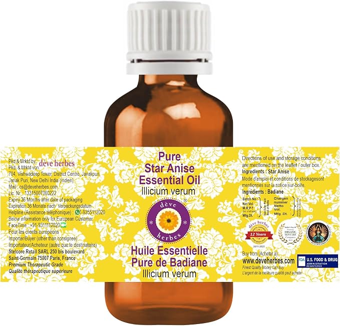Deve Herbes Pure Star Anise Essential Oil (lllicium verum) Steam Distilled 10ml (0.33 oz)