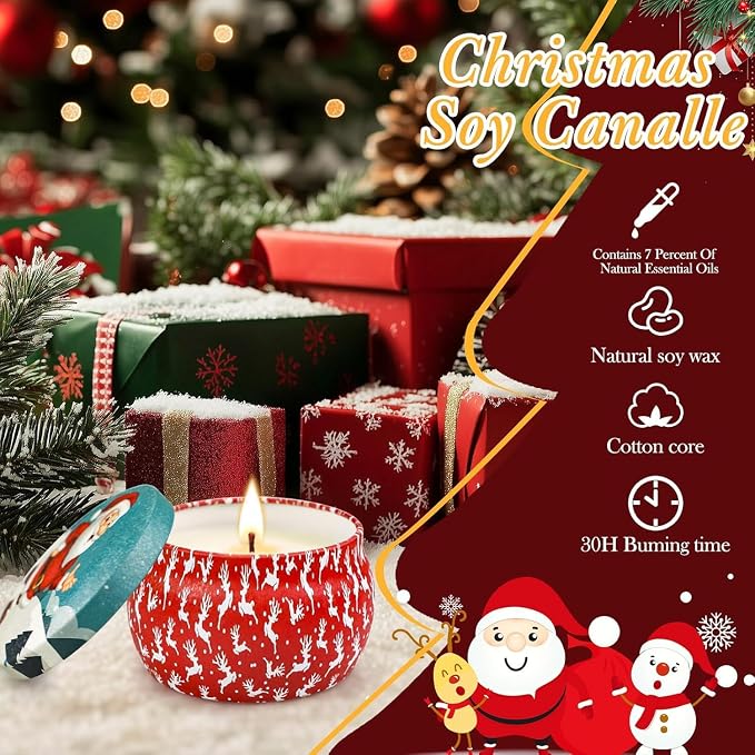 Christmas Candle Gift Set for Women, 4 Pack Long Lasting Soy Wax Candles with Lavender, Cookie, Fir & Cinnamon Apple Scents, Aromatherapy Candles for Home, Perfect Holiday Gifts