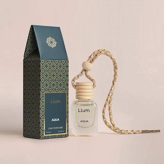 Llum Aqua Hanging Car Air Freshener – Luxury Automotive Perfume Diffuser 10ml (0.34 fl oz), Long-Lasting Fragrance, Alcohol-Free Non-Toxic Car Scent, Glass Bottle With Wood Cap & AC Vent Clip