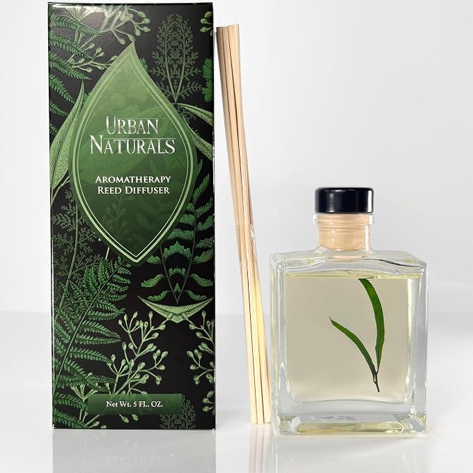 Urban Naturals Eucalyptus Sage Reed Diffuser Oil Gift Set – Eucalyptus, Sage, Mint, Lime & Cedarwood Essential Oils– Relaxing Scent – Sleek Rectangular Refillable Glass Bottle – Made in the USA